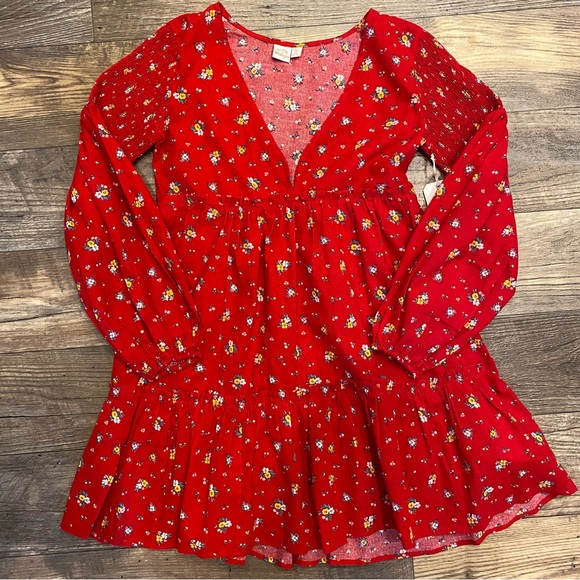 Billabong x Wrangler Falling for You Floral V-Neck Red Long Sleeve Mini Dress - Picture 2 of 16